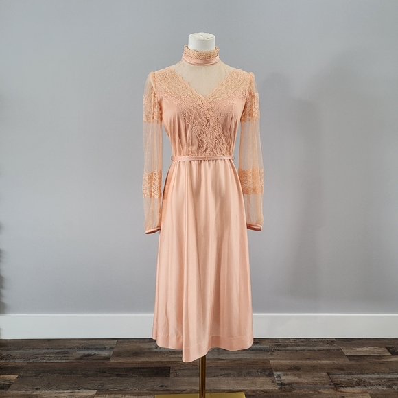 Vintage Dresses & Skirts - Vintage 70s Victorian Style Lace Swiss Dot High Neck Long Sleeve Coctail Dress